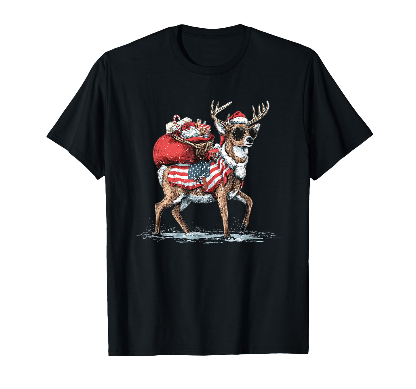Cool Santa's Reindeer with Sunglasses and US Colors T-Shirt