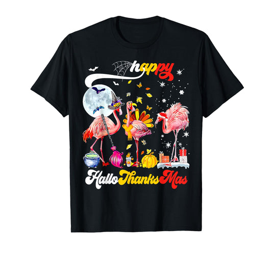 Flamingo Happy HalloThanksmas Halloween Thanksgiving Xmas T-Shirt