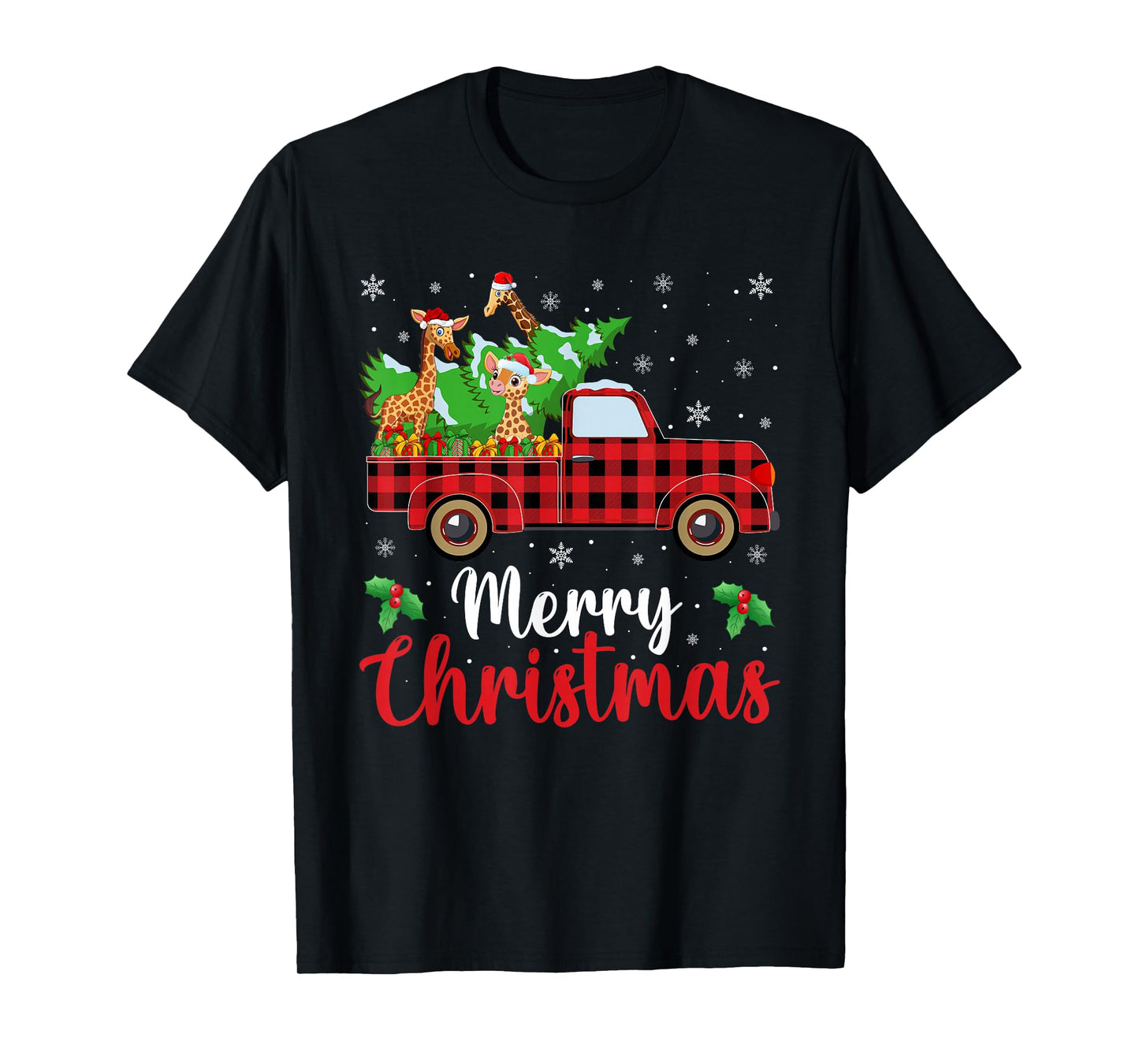 Giraffe Christmas Tree Truck Buffalo Plaid Xmas Christmas T-Shirt