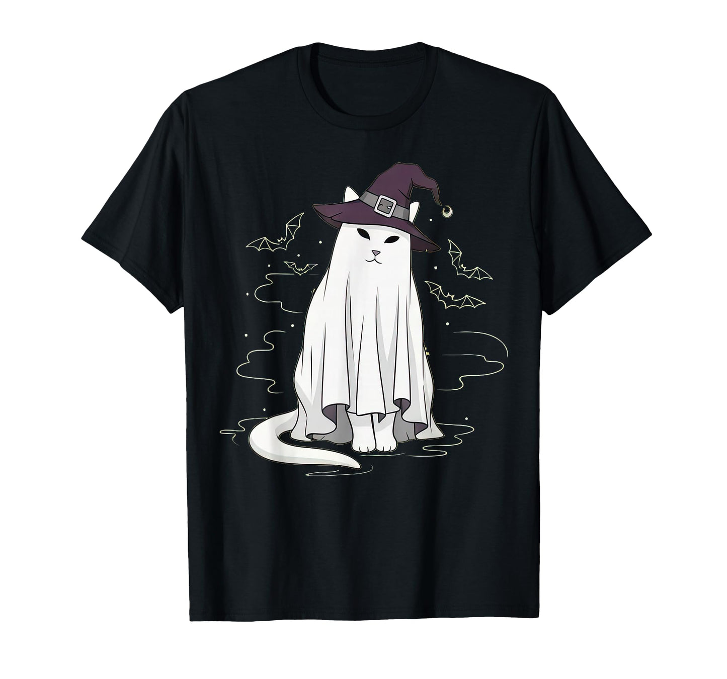 Cat Ghost White Sheet in Purple Witch Hat for Halloween T-Shirt