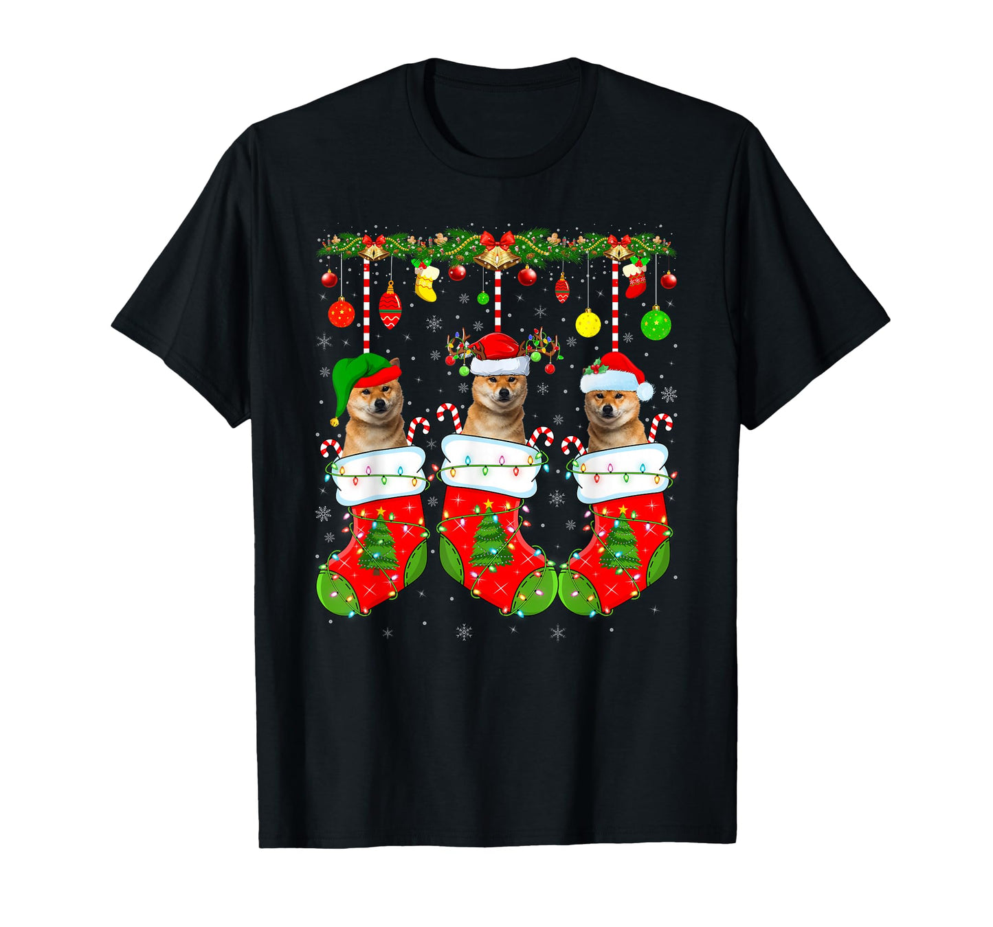 Shiba Inu Dog in Christmas Socks Funny Dog Xmas Pajamas T-Shirt