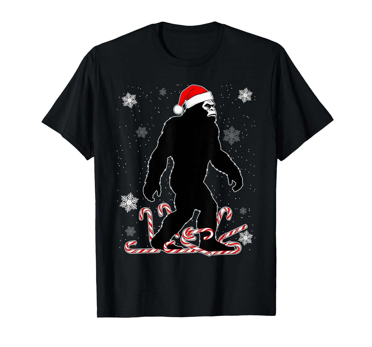 Funny Christmas Bigfoot with Santa Hat Carrying Candy Canes T-Shirt