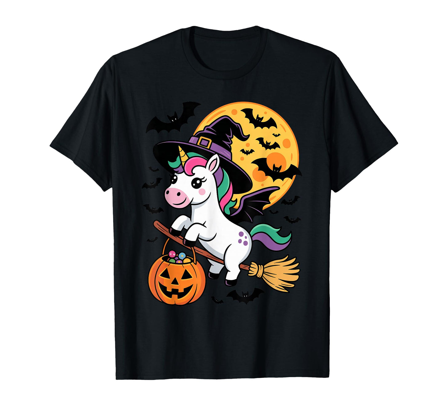 Kawaii Unicorn in Witch Hat on a Broom Halloween Costume T-Shirt