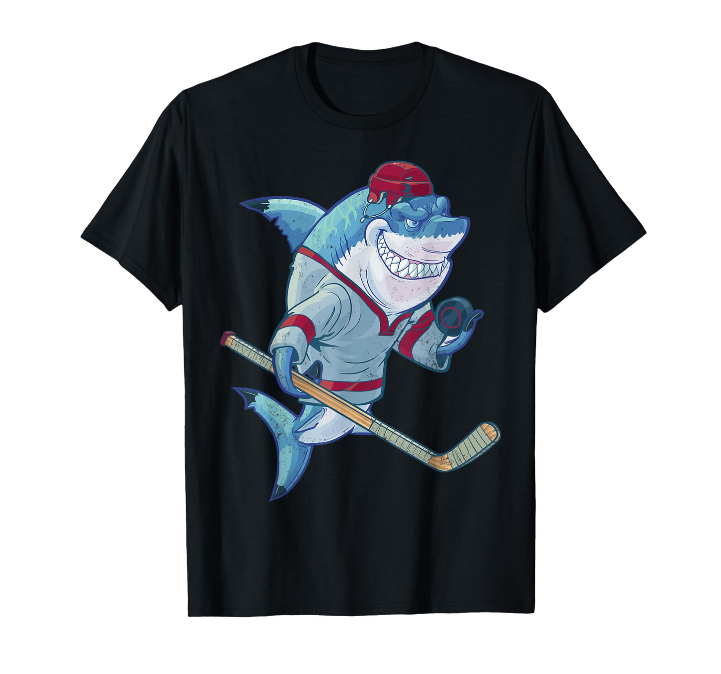 Hockey Shark With Stick Helmet Puck Funny Sharks Lover T-Shirt