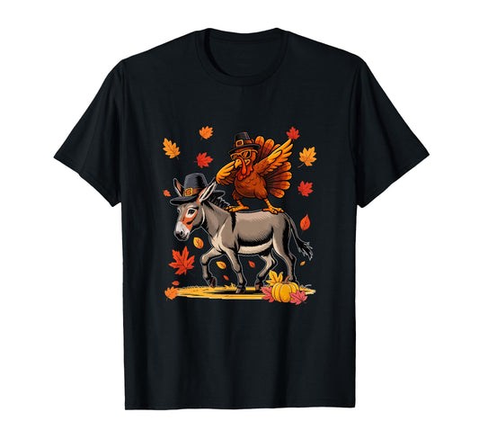Dabbing Turkey On Donkey Thanksgiving Autumn Pilgrim Farmer T-Shirt