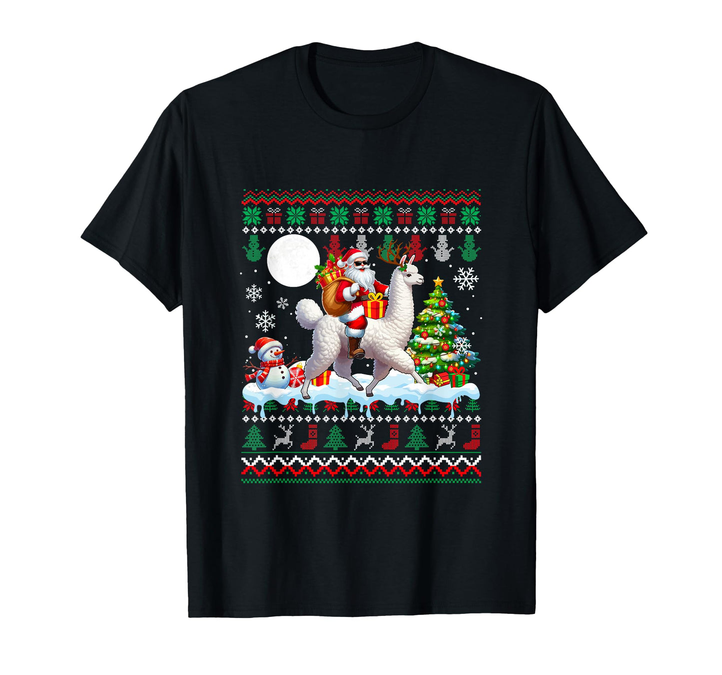 Santa Sunglasses Riding Llama Christmas Sweater Snowman T-Shirt