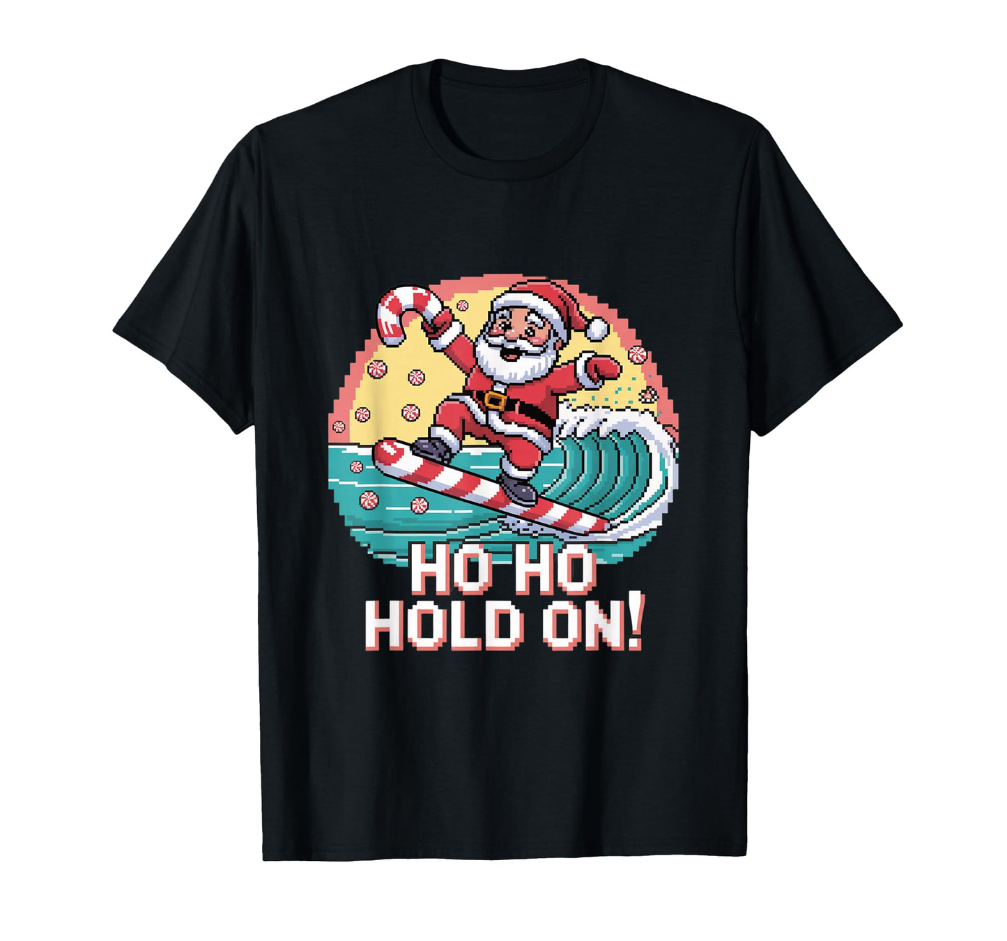 Ho Ho Hold On Pixel Santa Surf Design T-Shirt