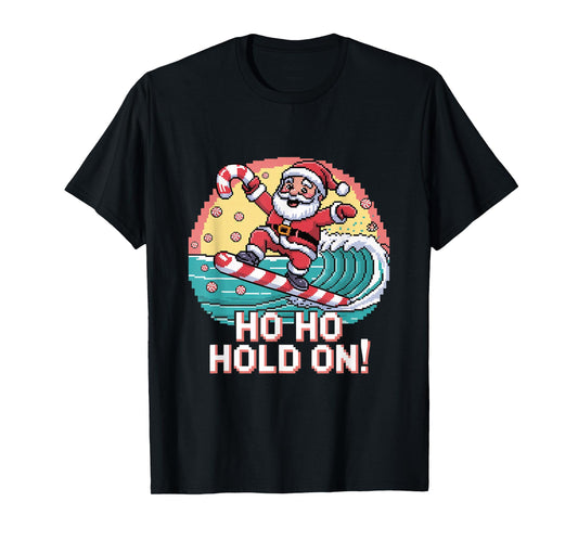 Ho Ho Hold On Pixel Santa Surf Design T-Shirt