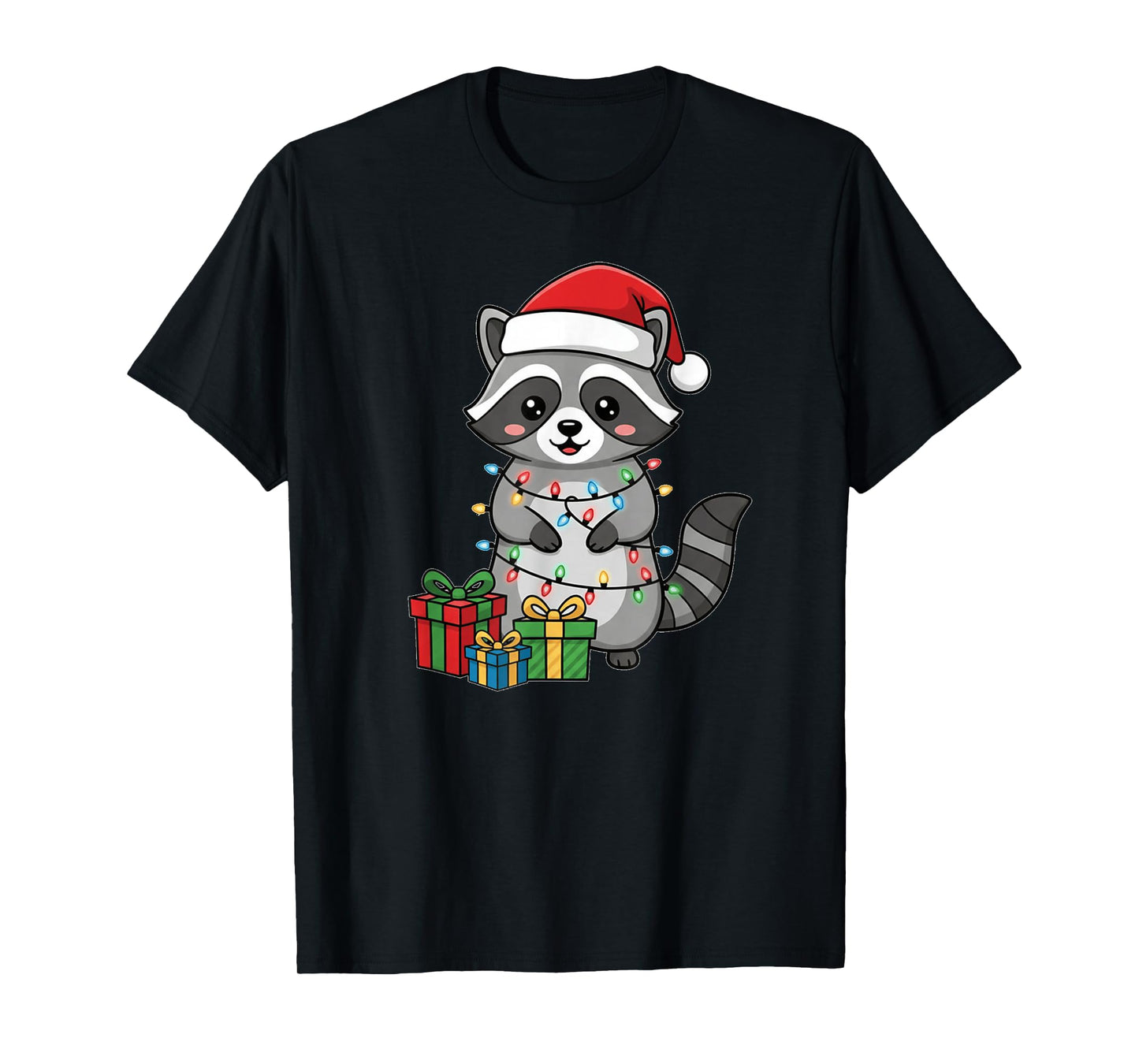 Christmas Raccoon Cartoon Cute Chibi Kawaii Santa Hat Lights T-Shirt