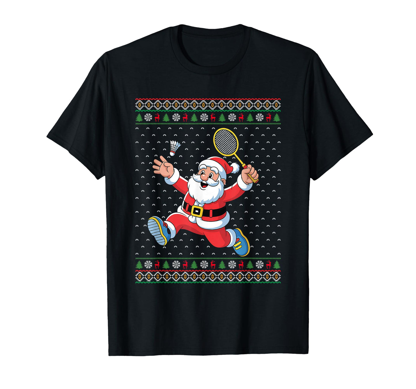 Santa Playing Badminton Sports Funny Ugly Christmas T-Shirt