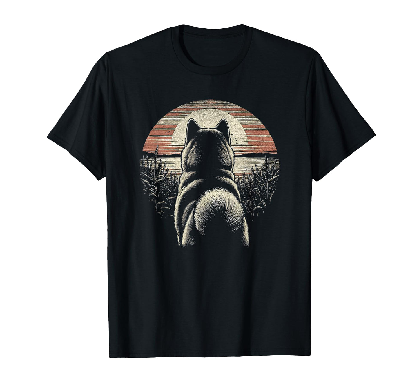 Vintage Akita Dog Retro Sunset Scene Art Design Men Women T-Shirt