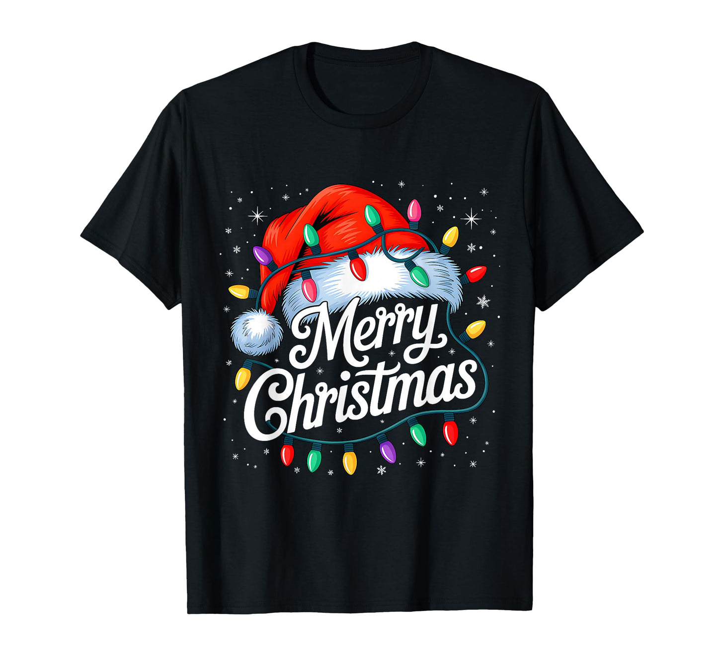 Merry Christmas Lights Red Santa Hat Xmas Family Men Women T-Shirt