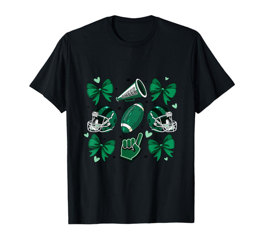 Football Cheer Mom Sister Coquette Bow Game Day Green Women T-Shirt