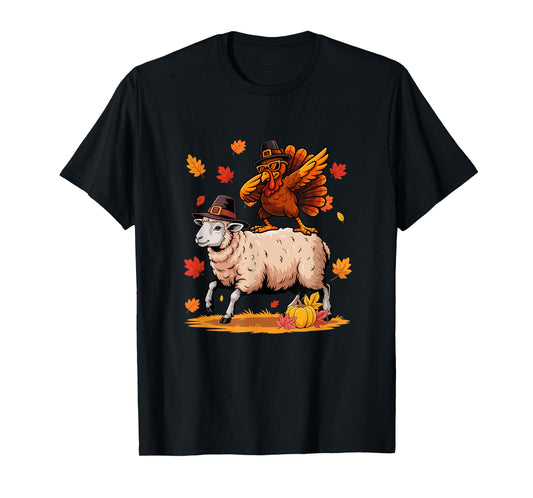 Dabbing Turkey On Sheep Thanksgiving Autumn Pilgrim Farmer T-Shirt