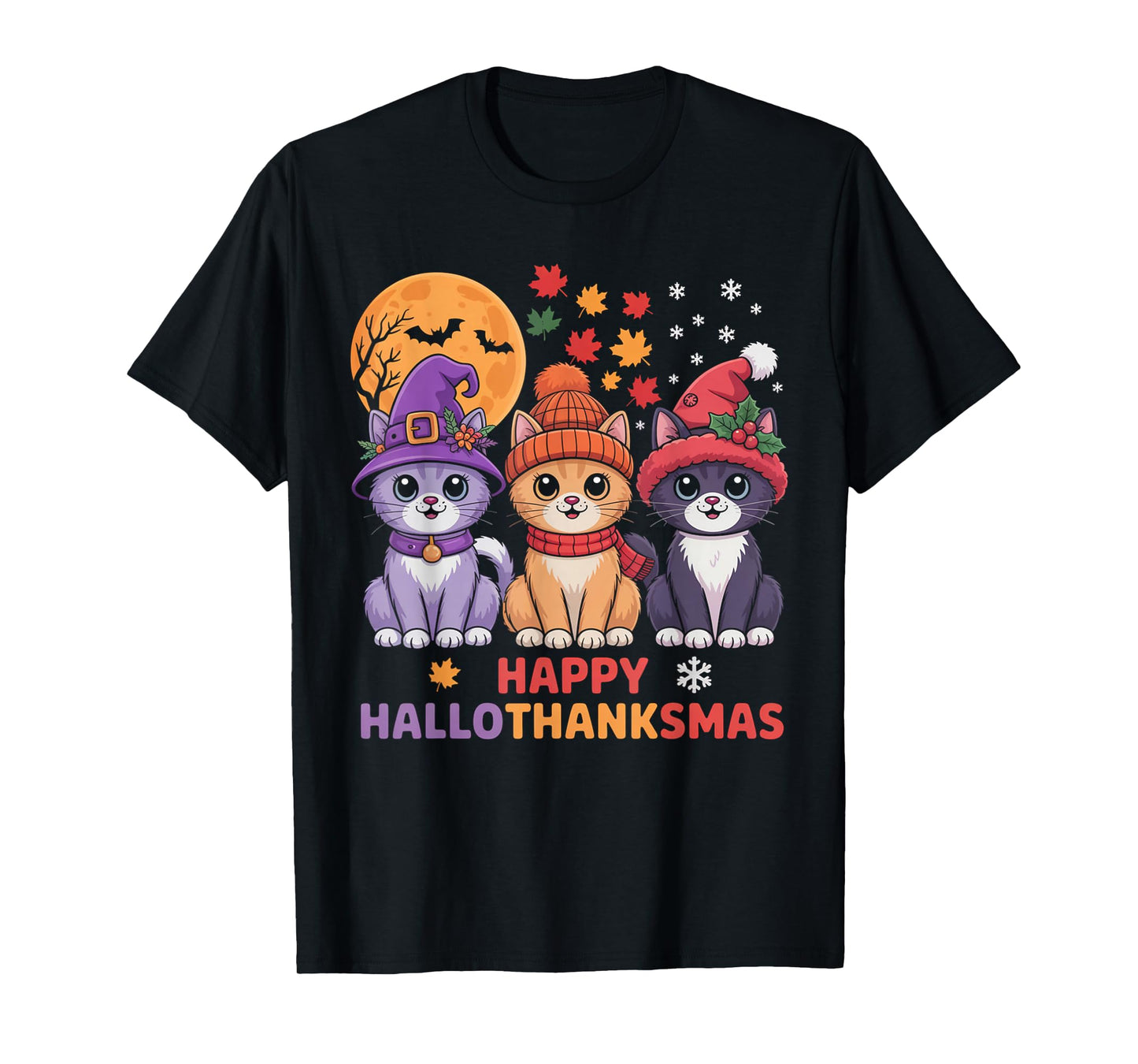 Halloween Thanksgiving Christmas Happy HalloThanksMas Cats T-Shirt