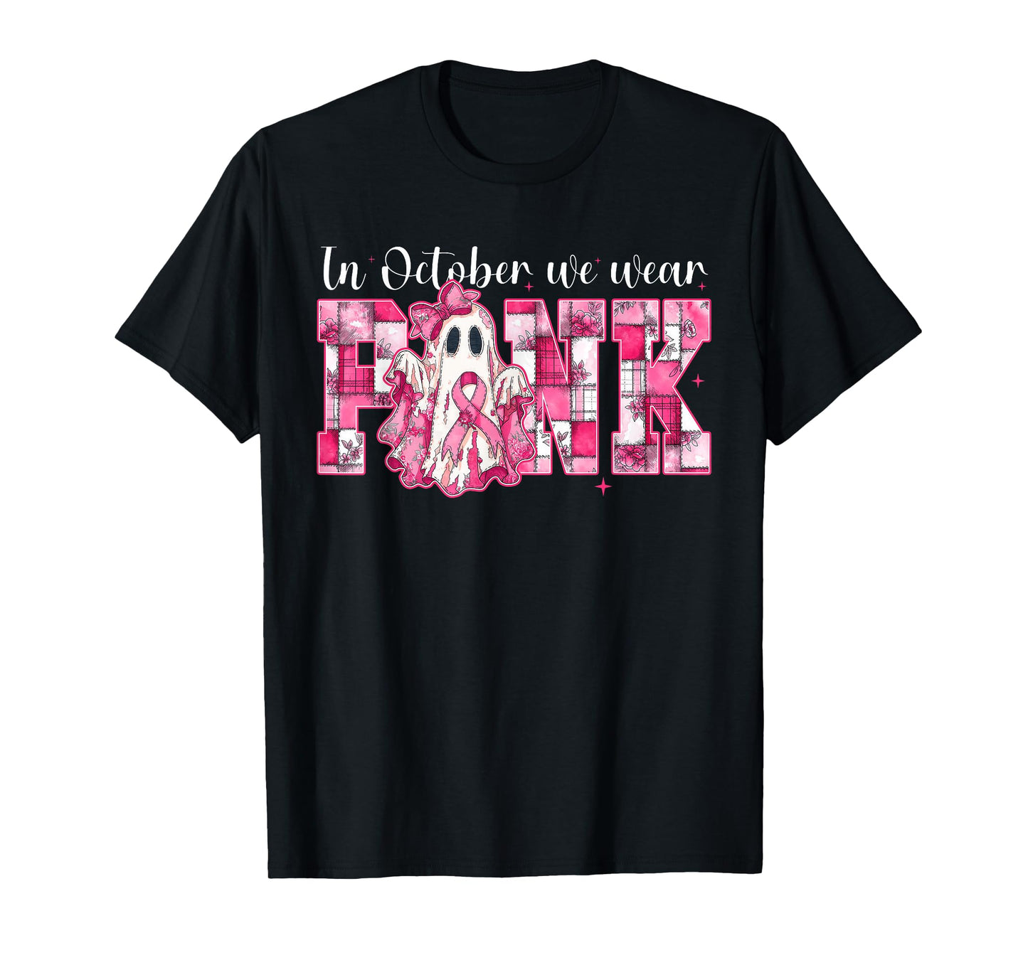 in October We Wear Pink Ghost Witch Breast Cancer Awareness T-Shirt