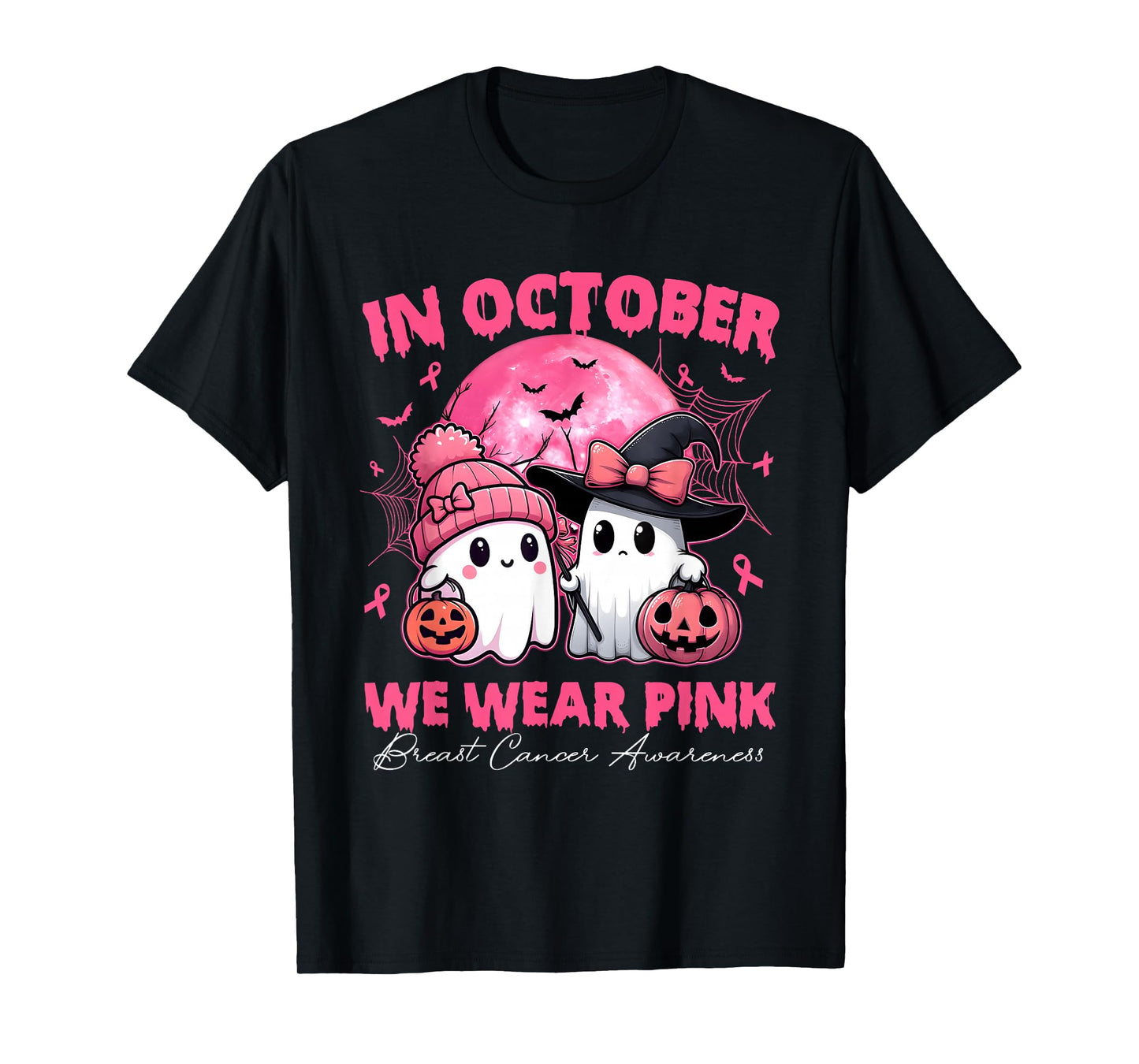 in October We Wear Pink Ghost Witch Breast Cancer Awareness T-Shirt