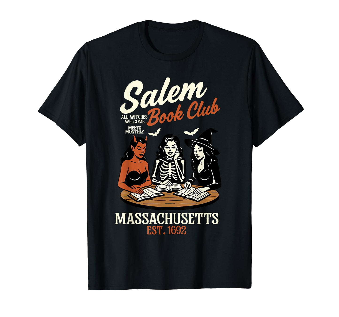 Vintage Salem Book Club Black Cat Bookish Spooky Halloween T-Shirt