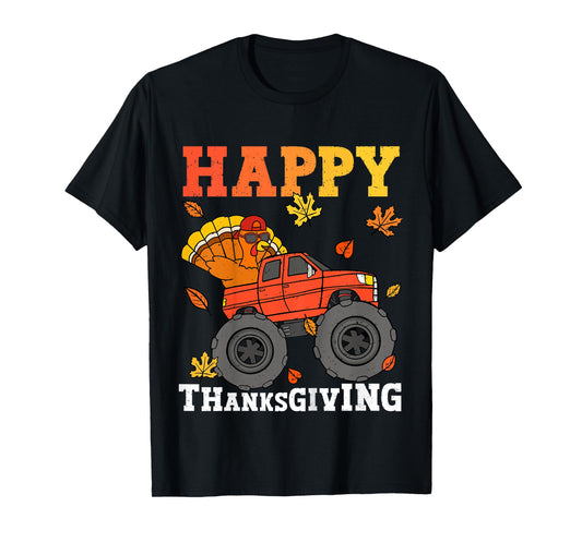 Kids Monster Truck Turkey Happy Thanksgiving Kids Toddler Boys T-Shirt