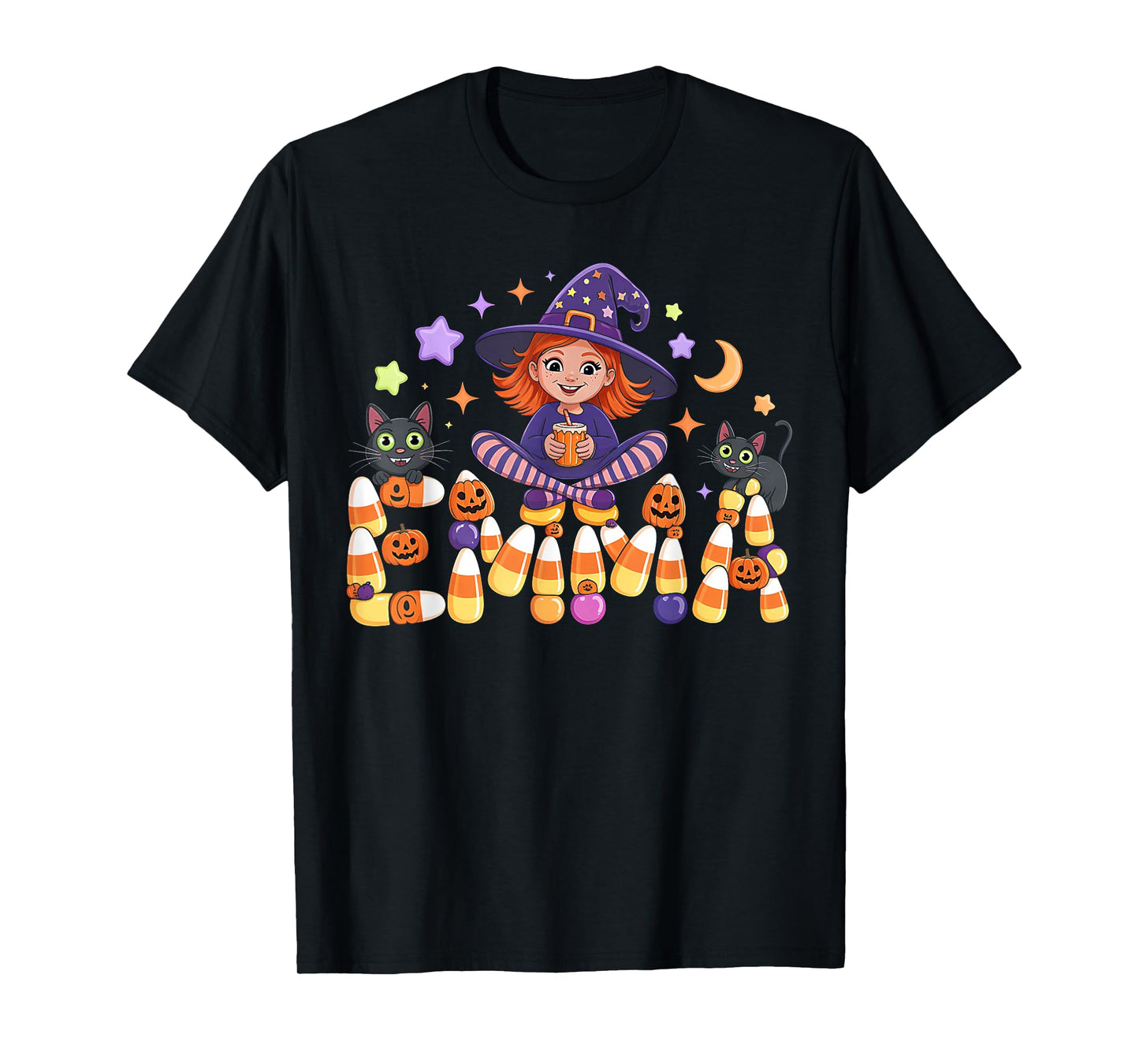 Emma Witch Candy Corn Cat Halloween Women and Girls T-Shirt