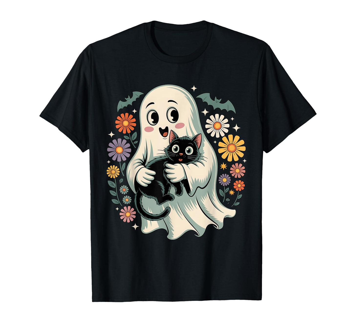 Groovy Flower Ghost Holding Black Cat Halloween Cat Lover T-Shirt