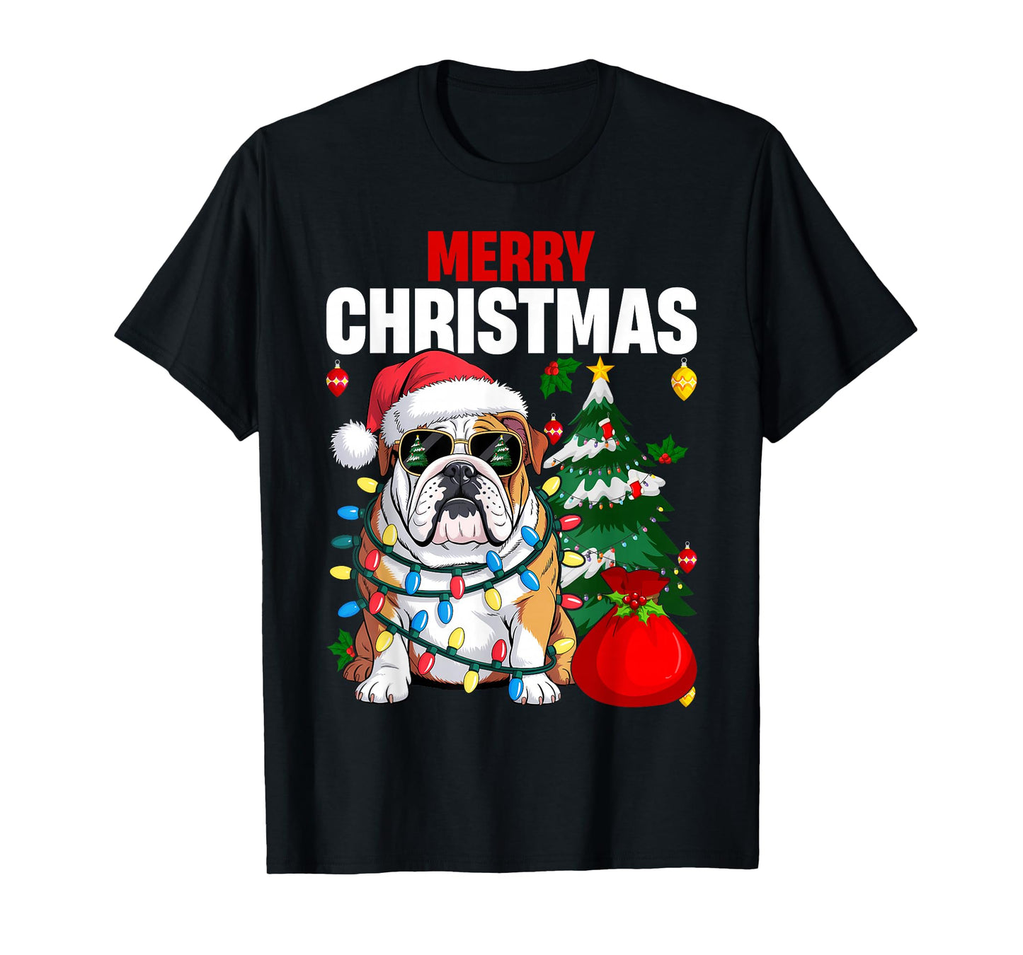 English Bulldog Santa Hat Christmas Pajama Dog X-Mas Tree T-Shirt