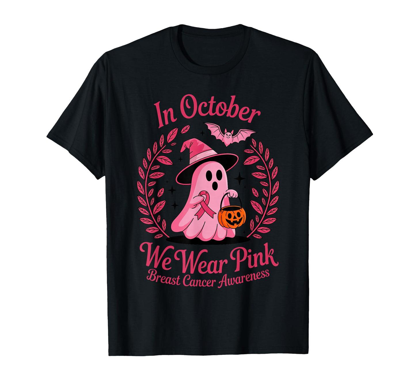 Halloween Ghost Witch Breast Cancer Awareness Pink Ribbon T-Shirt