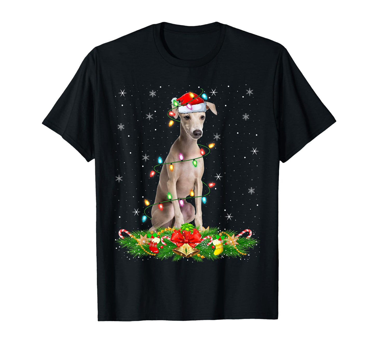 Italian Greyhound Dog Christmas Lights Funny Santa Hat Xmas T-Shirt