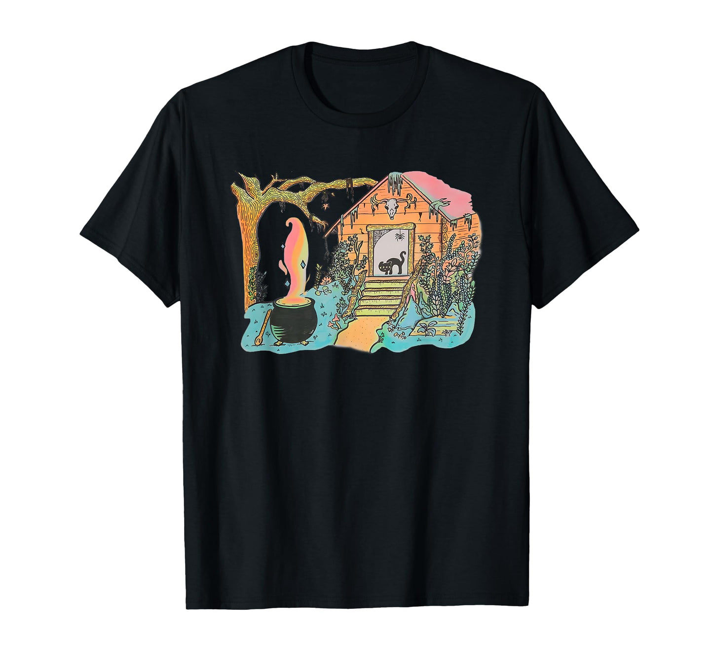 Haunted Witch Cabin with Black Cat and Cauldron T-Shirt