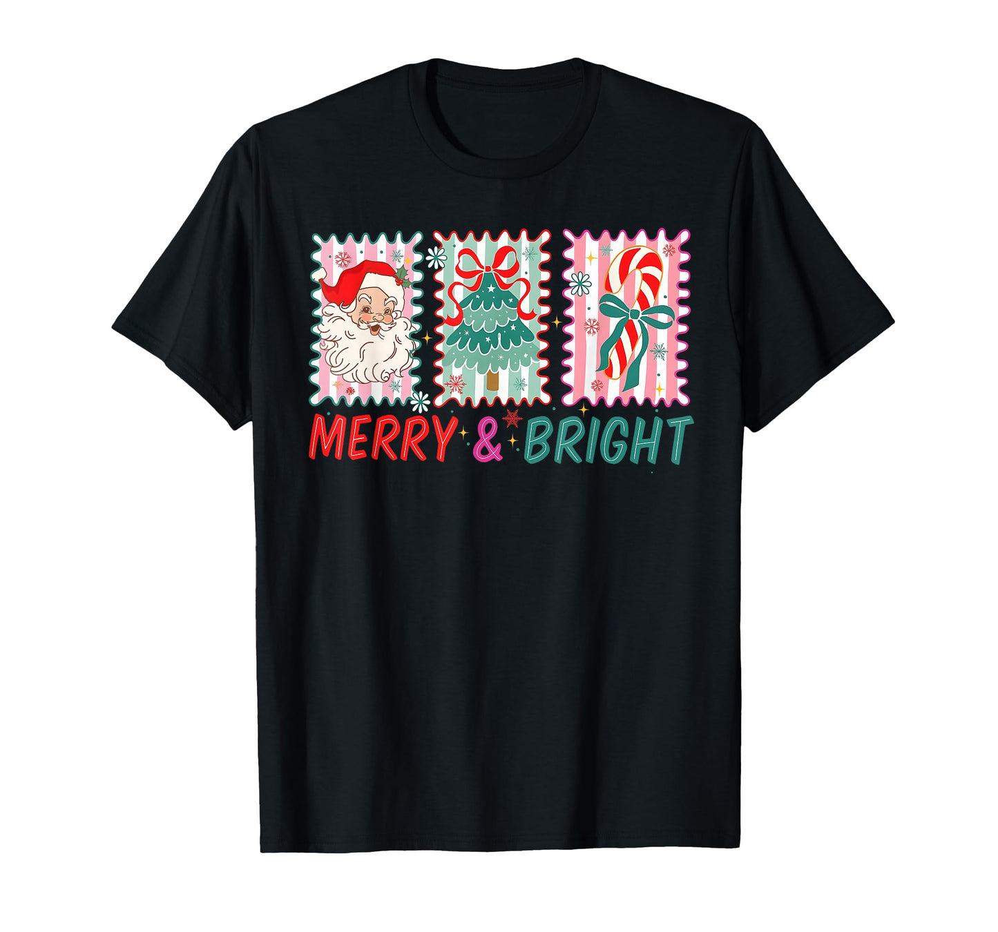 Merry Bright Christmas Tree Santa Candy Cane Coquette Bow T-Shirt