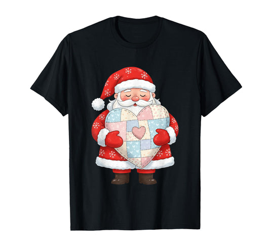 Santa Holding Patchwork Heart Christmas Love T-Shirt