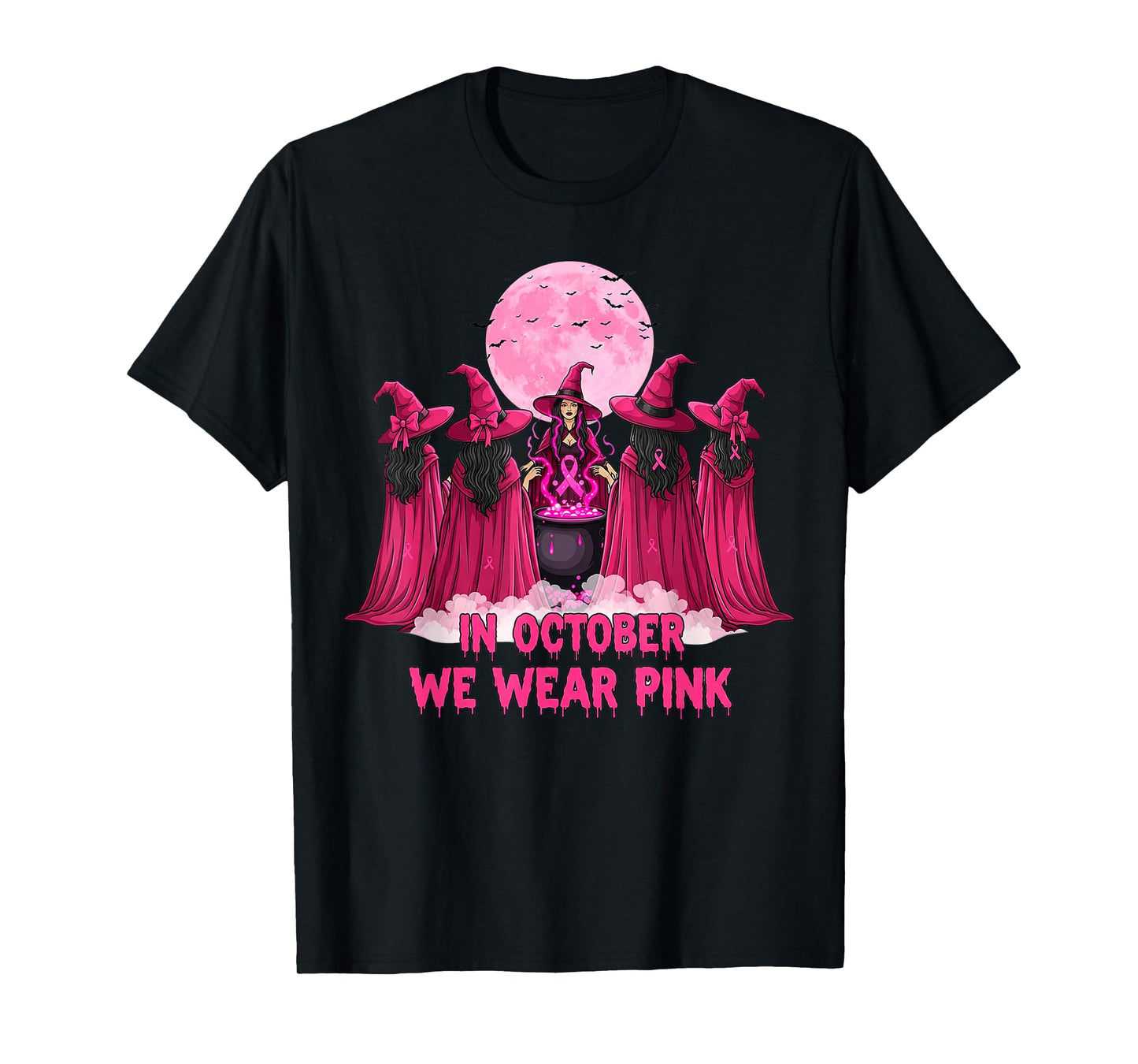 October We Wear Pink Witch Halloween Breast Cancer Awareness T-Shirt
