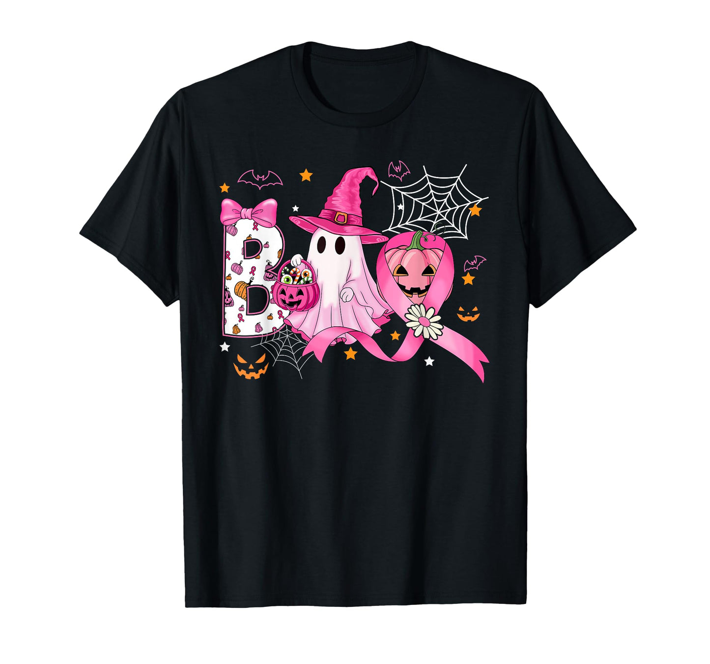 Ghost Halloween Breast Cancer Awareness Boo Witch Ribbon T-Shirt