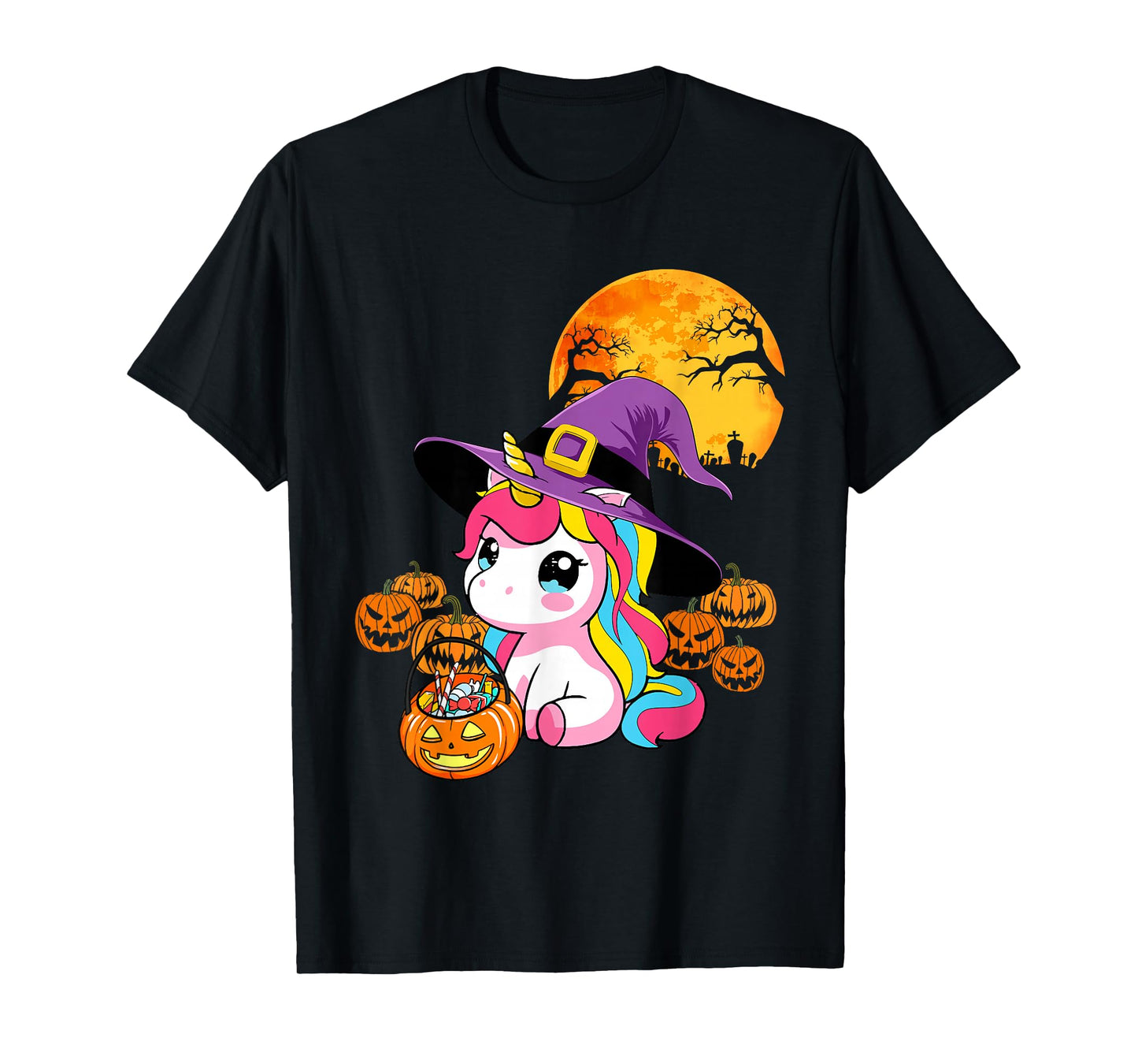 Cute Halloween Unicorn Witch Pumpkin Girls Women School T-Shirt