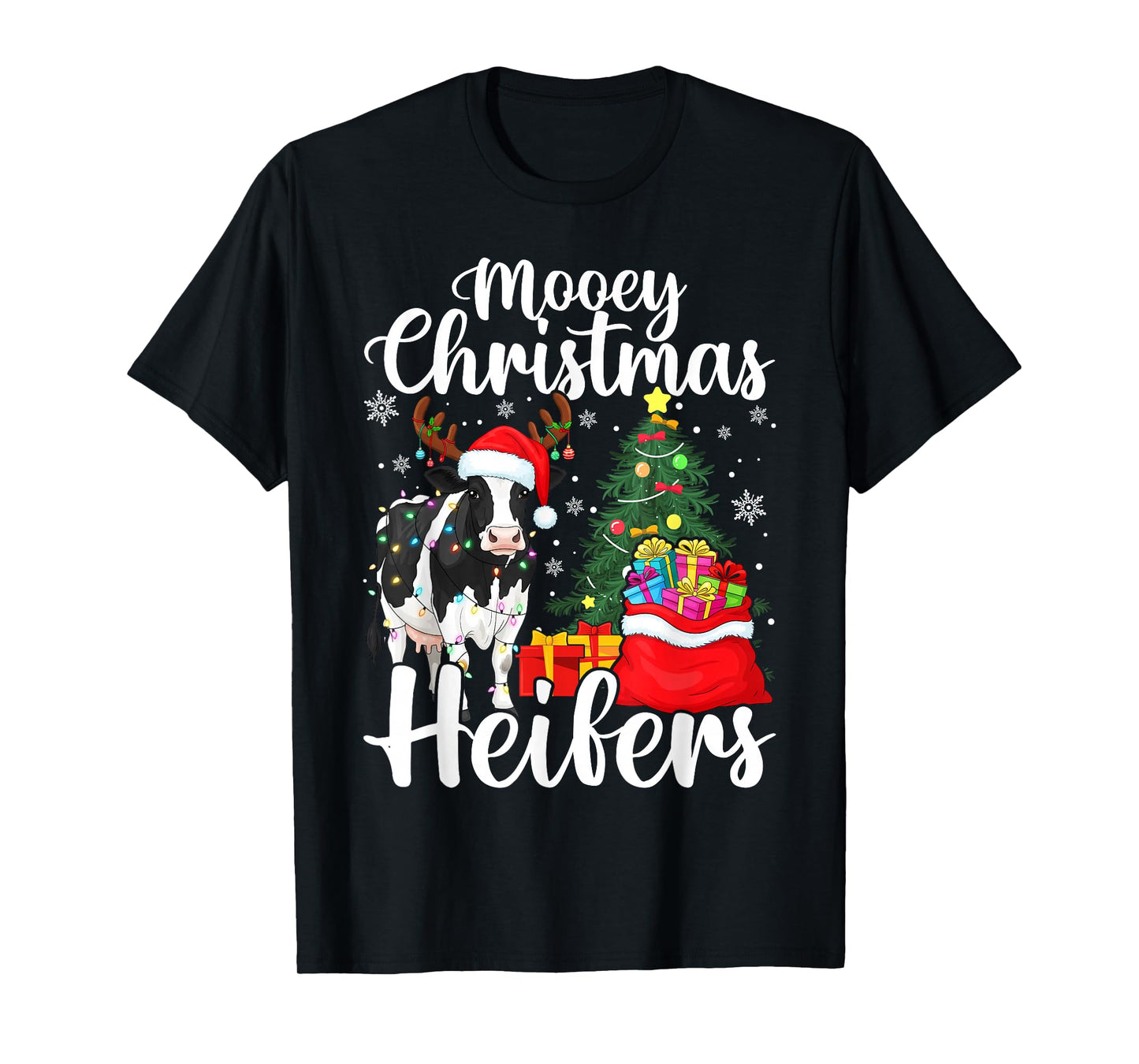 Mooey Heifers Santa Cow Christmas Lights Funny T-Shirt