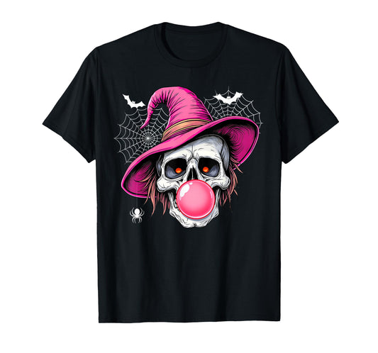 Funny Skeleton with Witch Hat Bubble Gum Retro Halloween T-Shirt