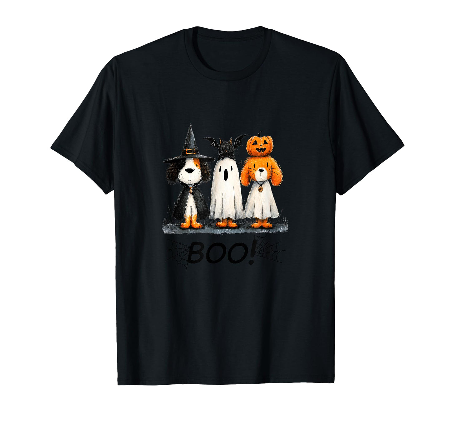 Whimsical Halloween Cat and Dog in Costume Design T-Shirt