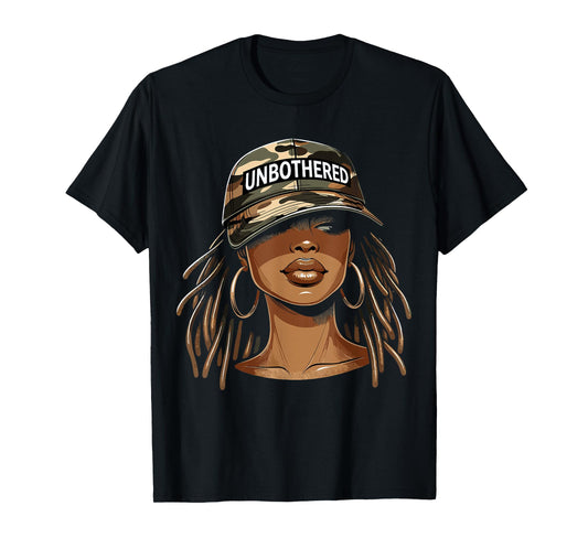 Unbothered Black Woman With Cap Camo Afro T-Shirt