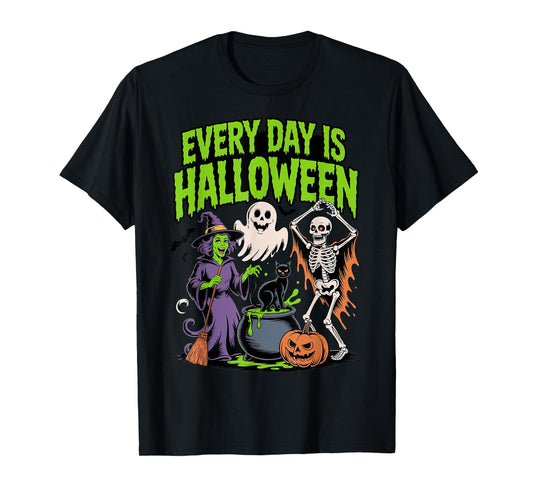 Every Day is Halloween Funny Witch Skeleton Ghost Black Cat T-Shirt