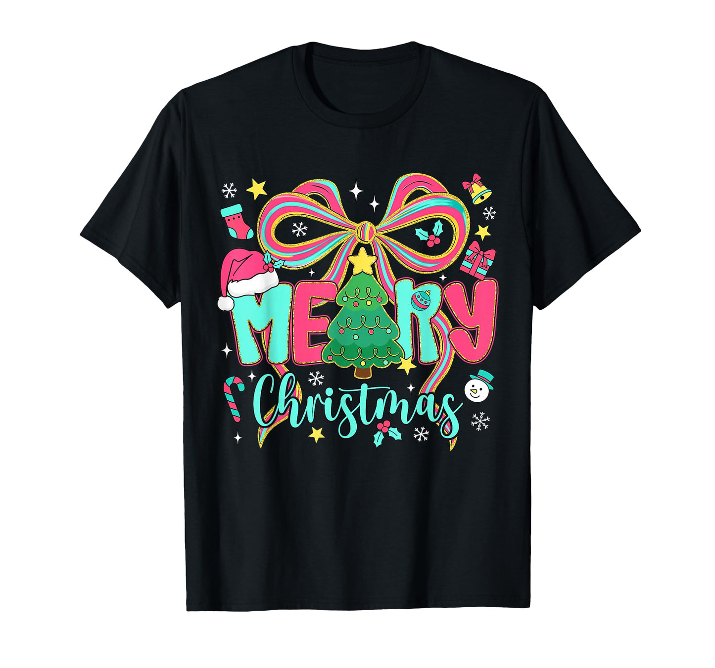Preppy Merry Christmas Coquette Bow Pink Christmas Tree Girl T-Shirt