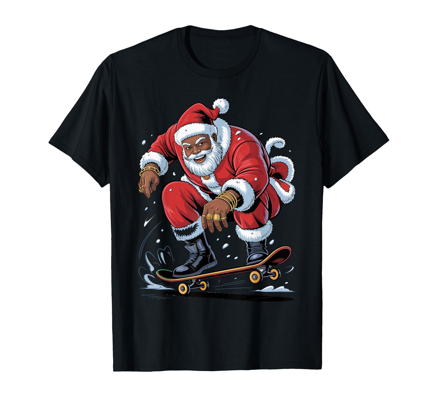 Santa Skateboarding African American Christmas Funny Holiday T-Shirt