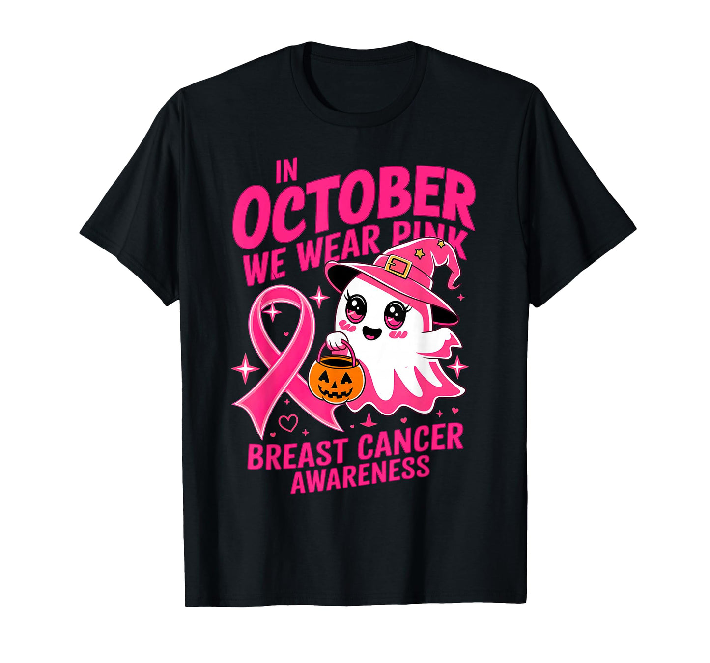 in October We Wear Pink Kawaii Ghost Breast Cancer Awareness T-Shirt