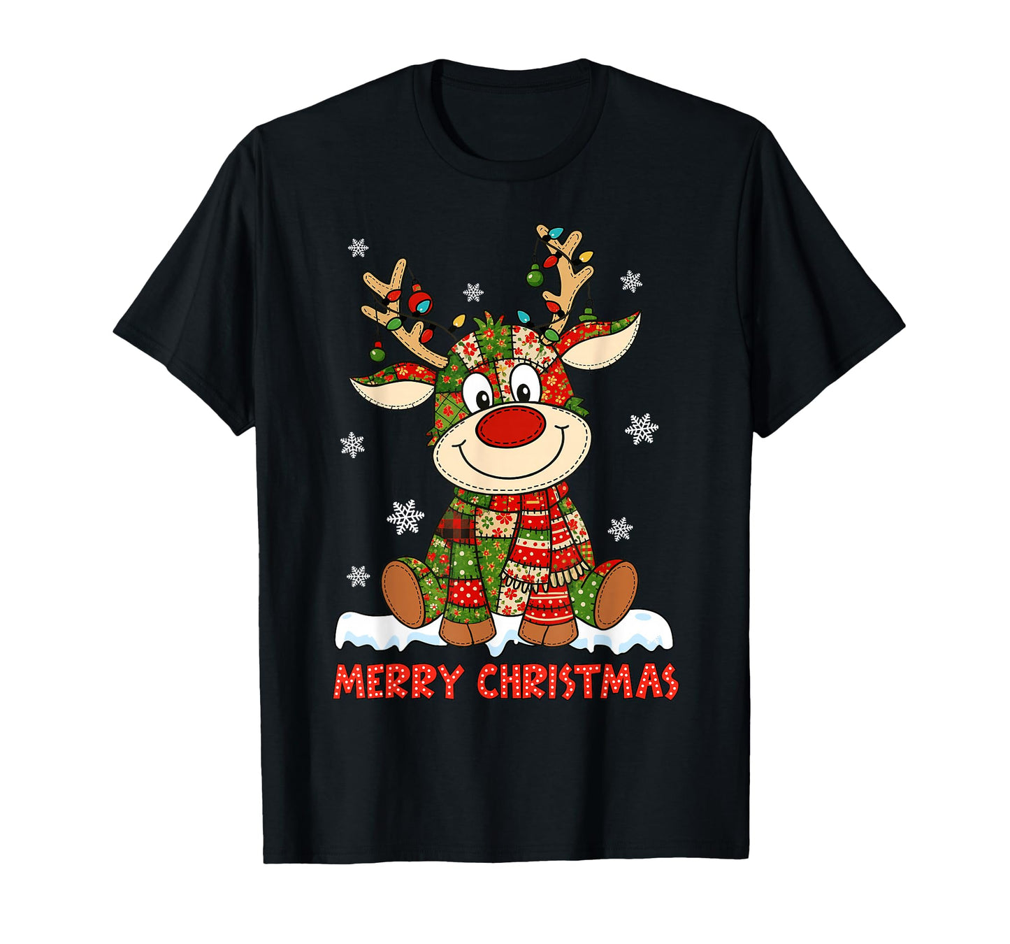 Merry Christmas Lighting Reindeer Patchwork Matching Family T-Shirt