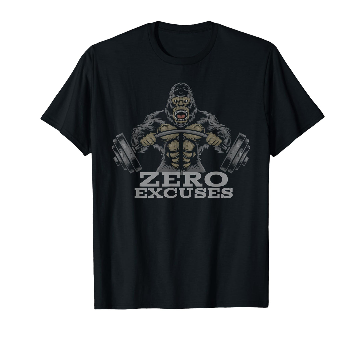 Popular Tee Co. Fitness Weightlifting Gorilla No Excuses Unisex Adult Black T-Shirt
