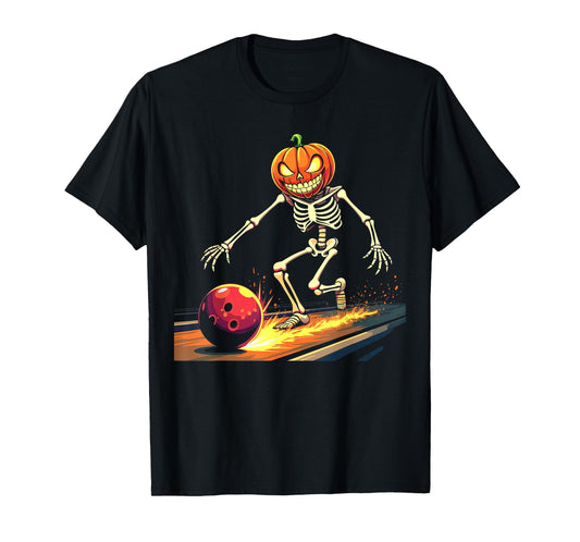 Pumpkin Head Skeleton Bowling Halloween Spooky Sports T-Shirt