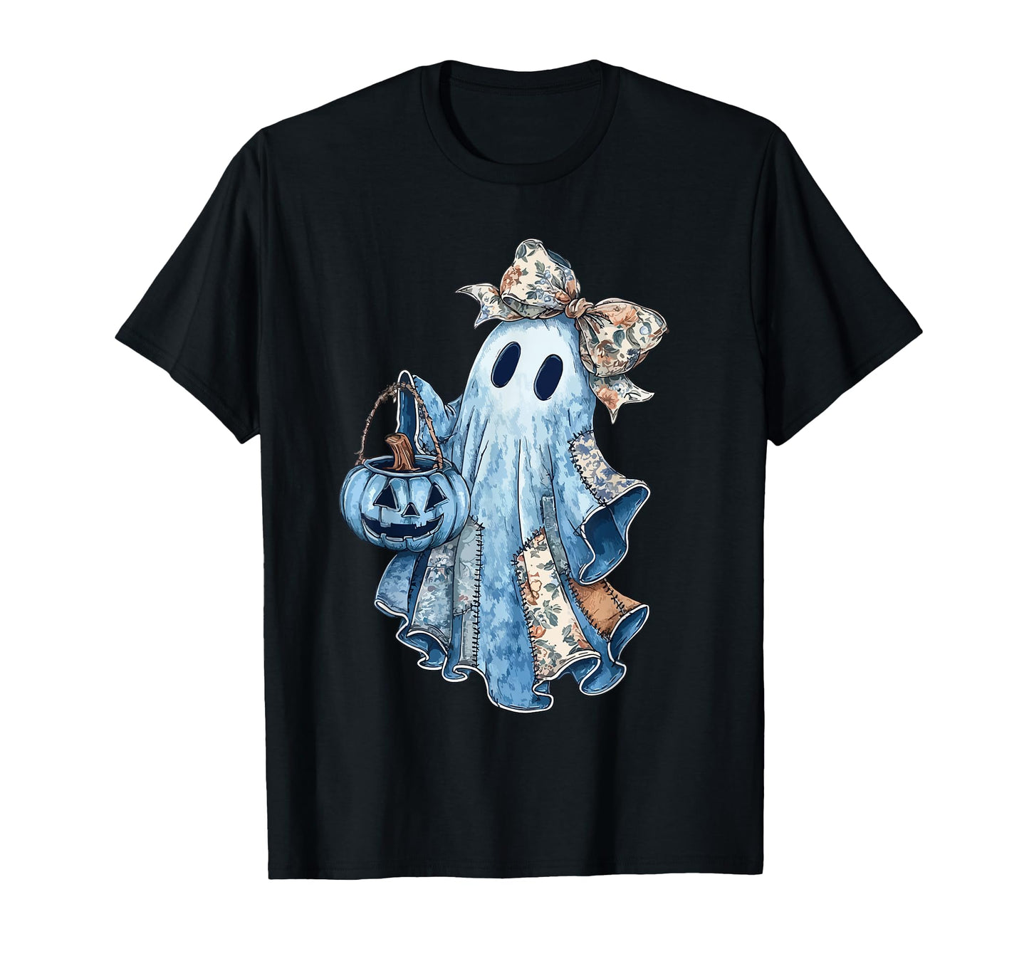 Halloween Blue Denim Boo Ghost Floral Coquette Bow Pumpkin T-Shirt