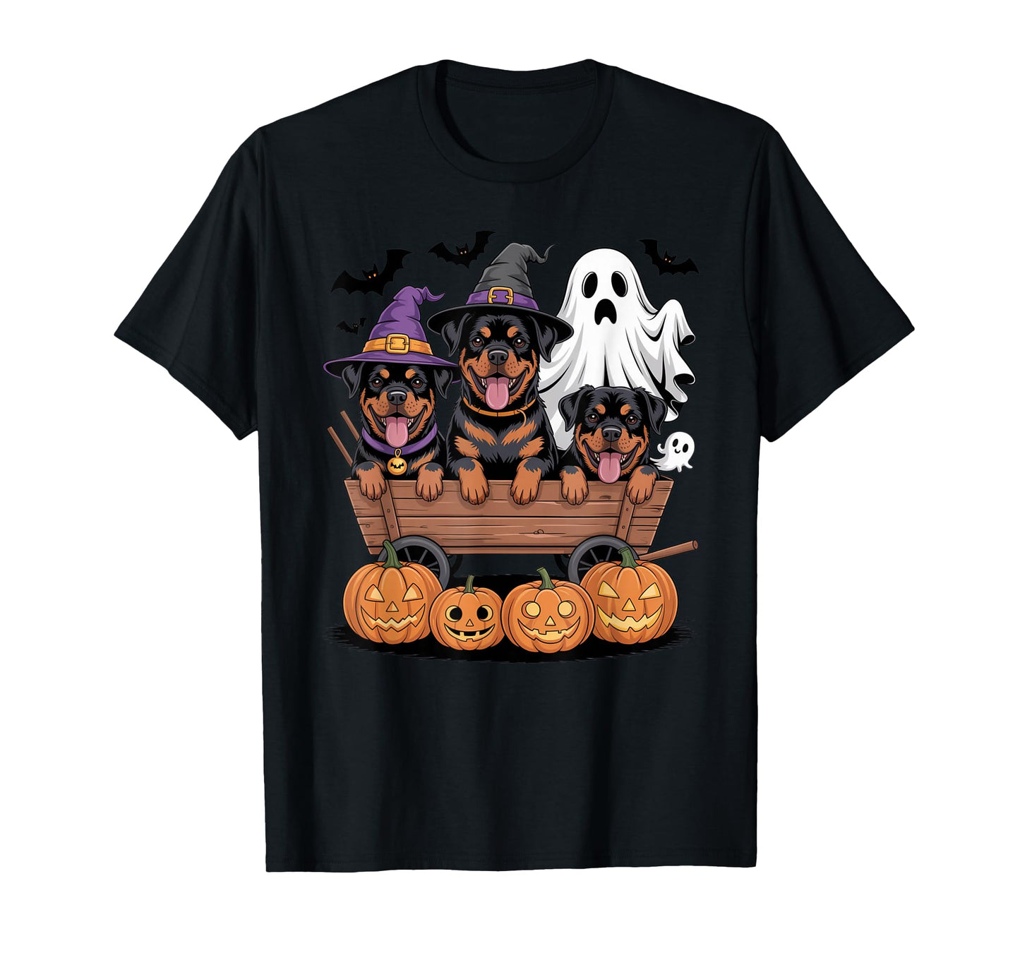 Rottweiler Halloween Wagon Witch Hats Ghost Pumpkins Spooky T-Shirt
