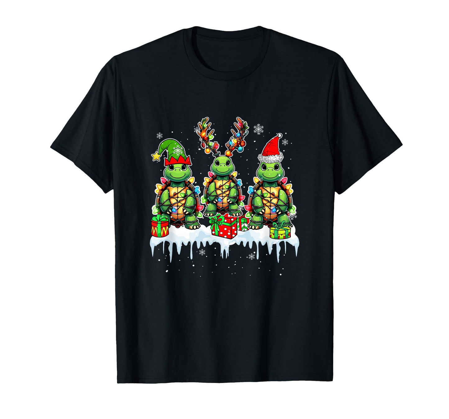 Three Santa Reindeer Elf Turtles Christmas Colorful Lights T-Shirt