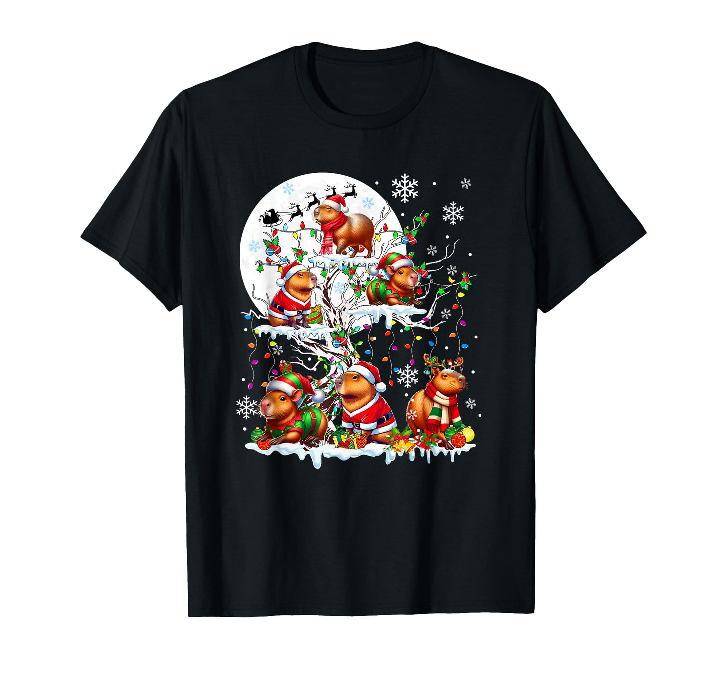 Group Santa Reindeer Elf Capybaras On Tree Christmas Snow T-Shirt