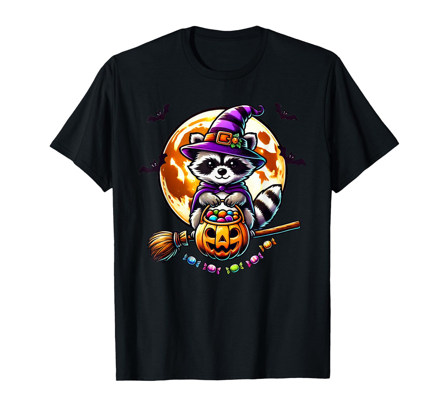 Cute Raccoon Witch Hat Pumpkin Halloween T-Shirt